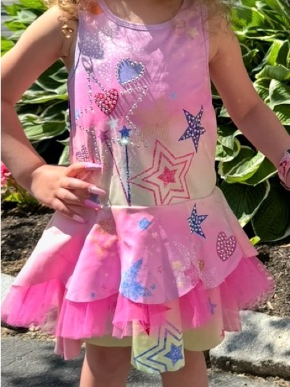 Pink Star & Heart Tiered Tulle Kids Dress
